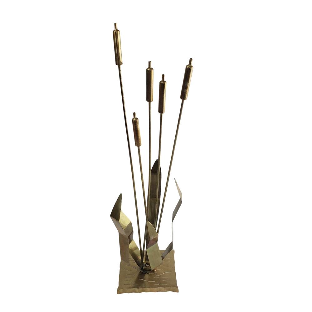 Vintage Brass Cattail On Water Sculpture Mid Century Modern Home Decor 16” Tall - Picture 5 of 10